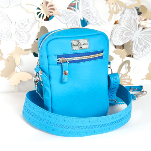 Niebieska saszetka z szerokim paskiem saszetka na telefon mała torebka damska z ozdobnym haftowanym paskiem niebieska mini torebka na ramię prezent dla nastolatki (9)