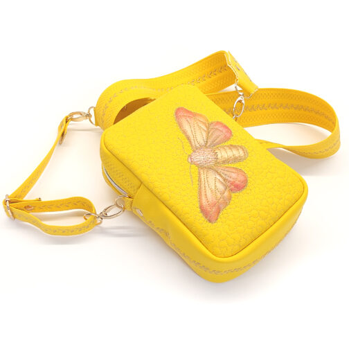 Saszetka na telefon ozdobna żółta saszetka z szerokim paskiem designerska ręcznie malowana ozdobnie pikowana mała torebka damska artystyczna torebka