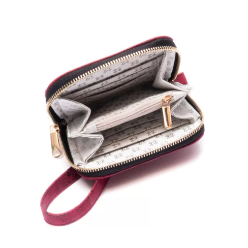bordowy mały portfel damski z paskiem elegancki klasyczny portfel z korka wegański portfel zapinany na zamek