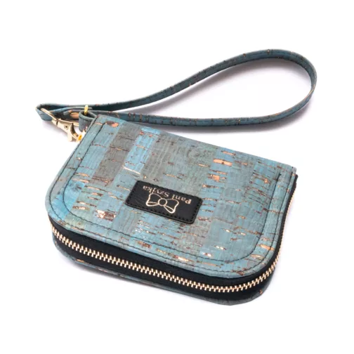 turkusowo złoty mały portfel damski z paskiem elegancki klasyczny portfel z korka wegański portfel zapinany na zamek