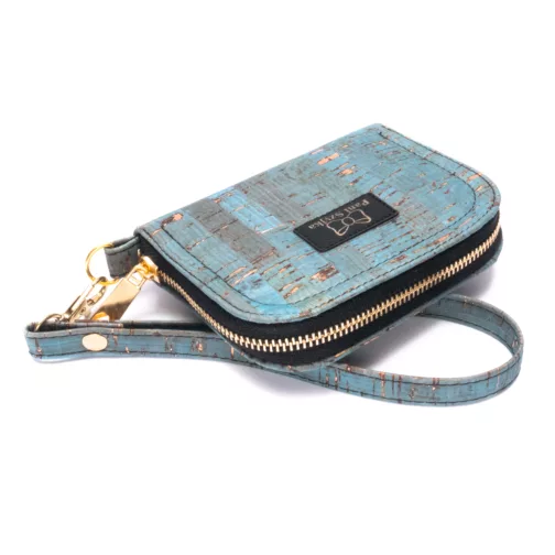 turkusowo złoty mały portfel damski z paskiem elegancki klasyczny portfel z korka wegański portfel zapinany na zamek