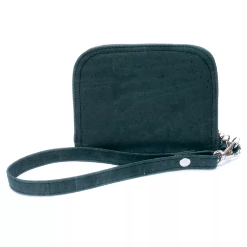 zielony ciemny mały portfel damski z paskiem elegancki klasyczny portfel z korka ciemnozielony wegański portfel zapinany na zamek