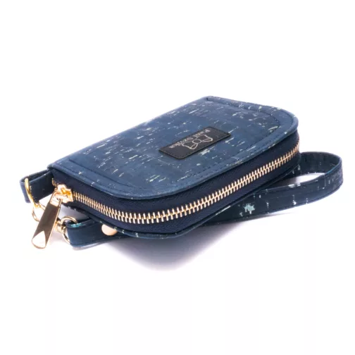 granatowy mały portfel damski z paskiem elegancki klasyczny portfel z korka wegański portfel zapinany na zamek