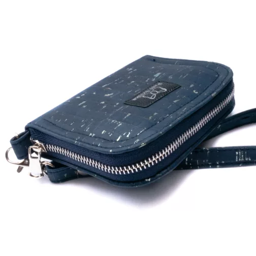 granatowy mały portfel damski z paskiem elegancki klasyczny portfel z korka wegański portfel zapinany na zamek