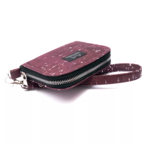bordowy wiśniowy mały portfel damski z paskiem elegancki klasyczny portfel z korka wegański portfel zapinany na zamek