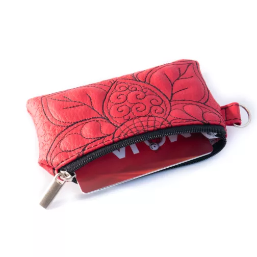 czerwony pikowany mini portfel na karty mały pikowany portfel damski etui na klucze odczepiane pikowane etui na słuchawki
