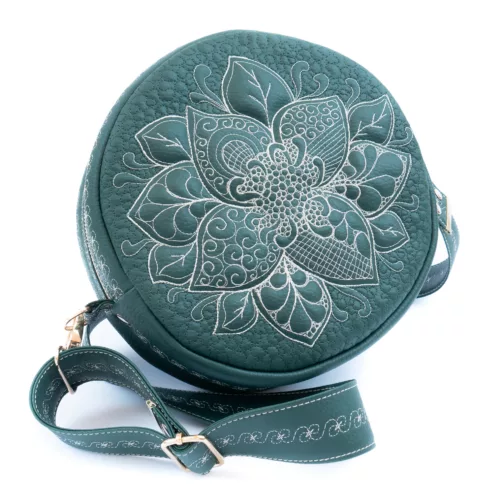 okrągła torebka damska pikowana torebka damska unikatowa torebka na ramię torebka w stylu retro zielona torebka z eko skóry artystyczna torebka igłą malowana