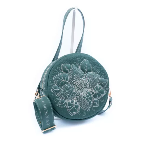 okrągła torebka damska pikowana torebka damska unikatowa torebka na ramię torebka w stylu retro zielona torebka z eko skóry artystyczna torebka igłą malowana
