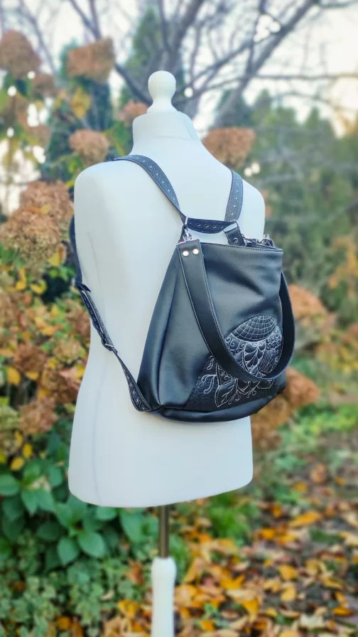 czarna pikowana torebka na ramię unikatowa torebka damska 3 w 1 duża torba worek z funkcja pleceka unikatowa haftowana torebka typu shopper