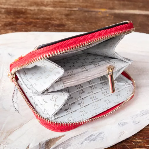 czerwony średni portfel damski z eko skóry unikatowy portfel damski na zamek ręcznie malowany kolorowy patchworkowy portfel na karty prezent dla kobiety prezent dla niej