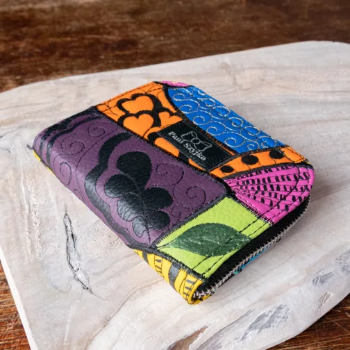 kolorowy średni portfel damski z eko skóry unikatowy portfel damski na zamek ręcznie malowany kolorowy patchworkowy portfel na karty prezent dla kobiety prezent dla niej
