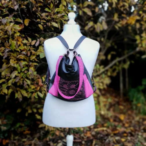 czarno różowa unikatowa torebka worek haftowana torebka na ramię duża miękka torba worek 3 w 1 plecak miejski