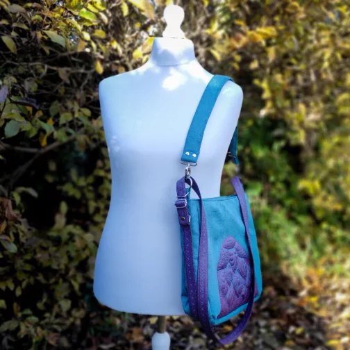 turkusowo śliwkowa unikatowa torebka worek haftowana torebka na ramię duża miękka torba worek 3 w 1 plecak miejski zamszowy