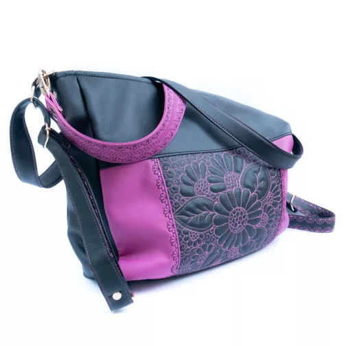 czarno różowa unikatowa torebka worek haftowana torebka na ramię duża miękka torba worek 3 w 1 plecak miejski