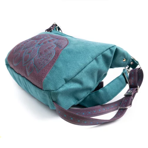 turkusowo śliwkowa unikatowa torebka worek haftowana torebka na ramię duża miękka torba worek 3 w 1 plecak miejski zamszowy